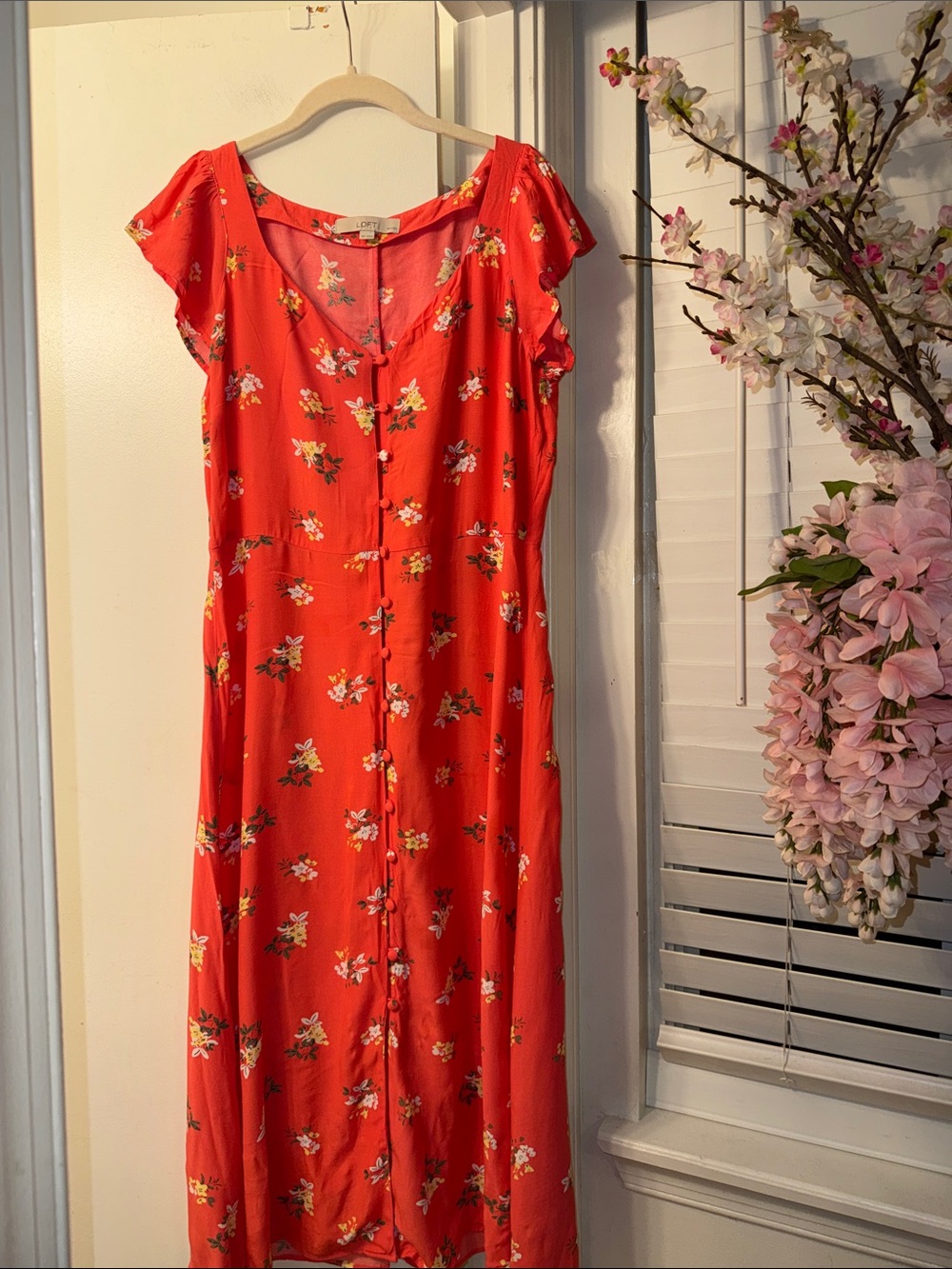 LOFT Red Floral Button-Front Midi Dress